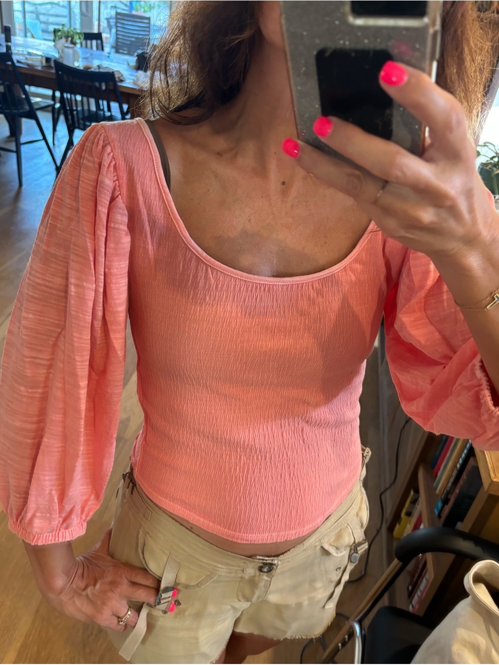 Free People coral colored puff sleeve top